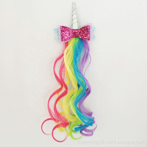 Kids Unicorn Rainbow New Design Hair Clip With Colorful Wave Synthetic Hair Extensions Wholesale Hair Accessories For Kid